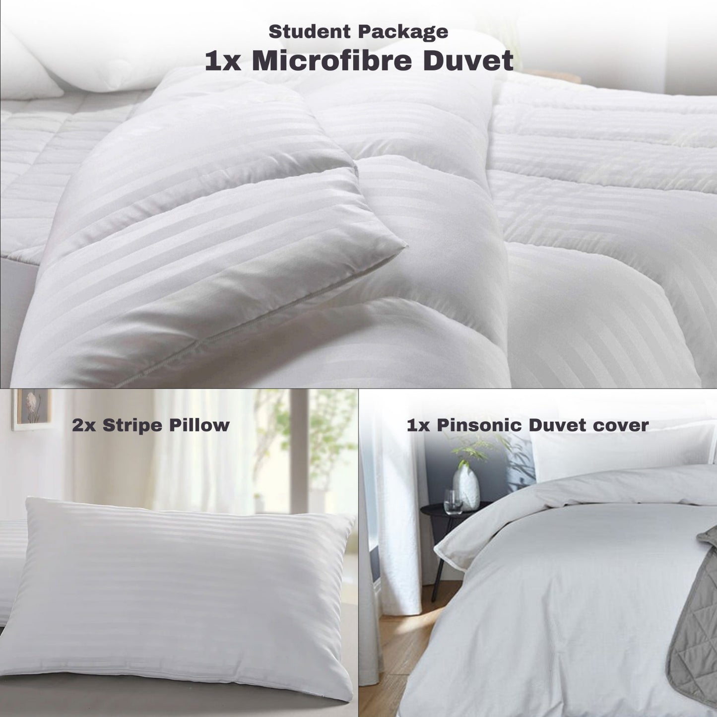 Student Bundle Pack of 3 - Duvet, Pillows & Duvet Cover Set